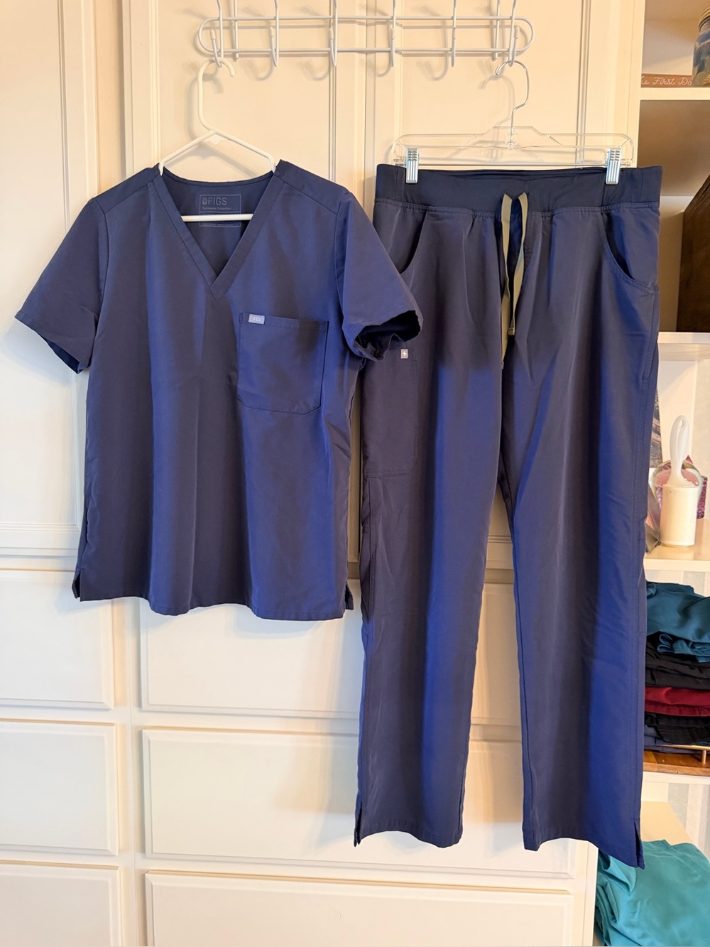 Figs scrub set large Katrina top and Large Tall Cade bottoms. Blue